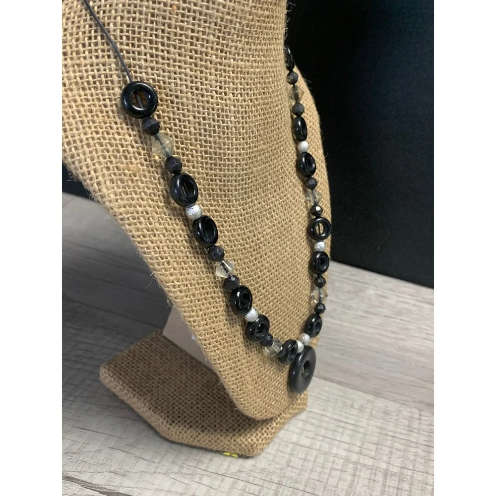 Black Geometric Ring Beaded Necklace Silver Tone Accents 20 Inch Cord 34449